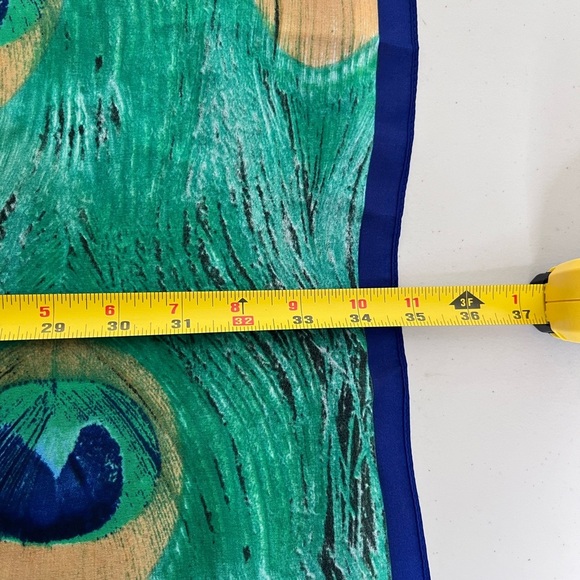 Satin Peacock Feather Print Bohemian Artsy Colorful Wrap Shawl - Picture 7 of 9